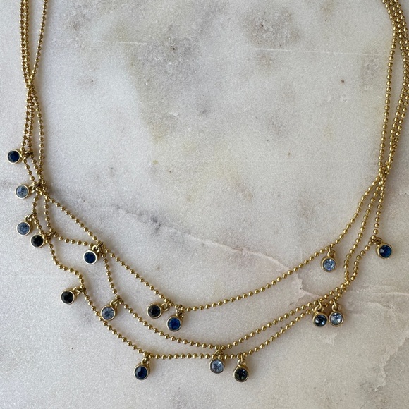 Gold Triple-Layer Beaded Necklace With Blue Crystals - Picture 3 of 6
